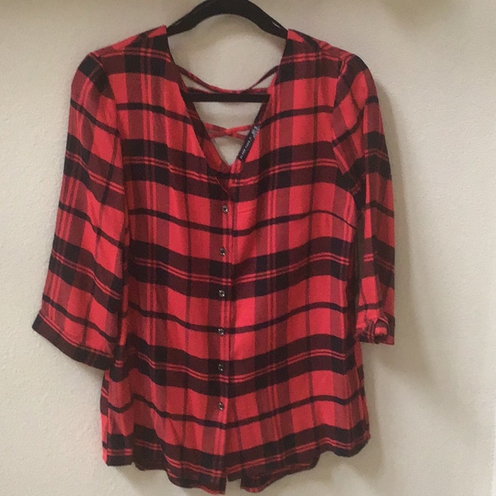 Crimson plaid button down v-neck, cross cross back